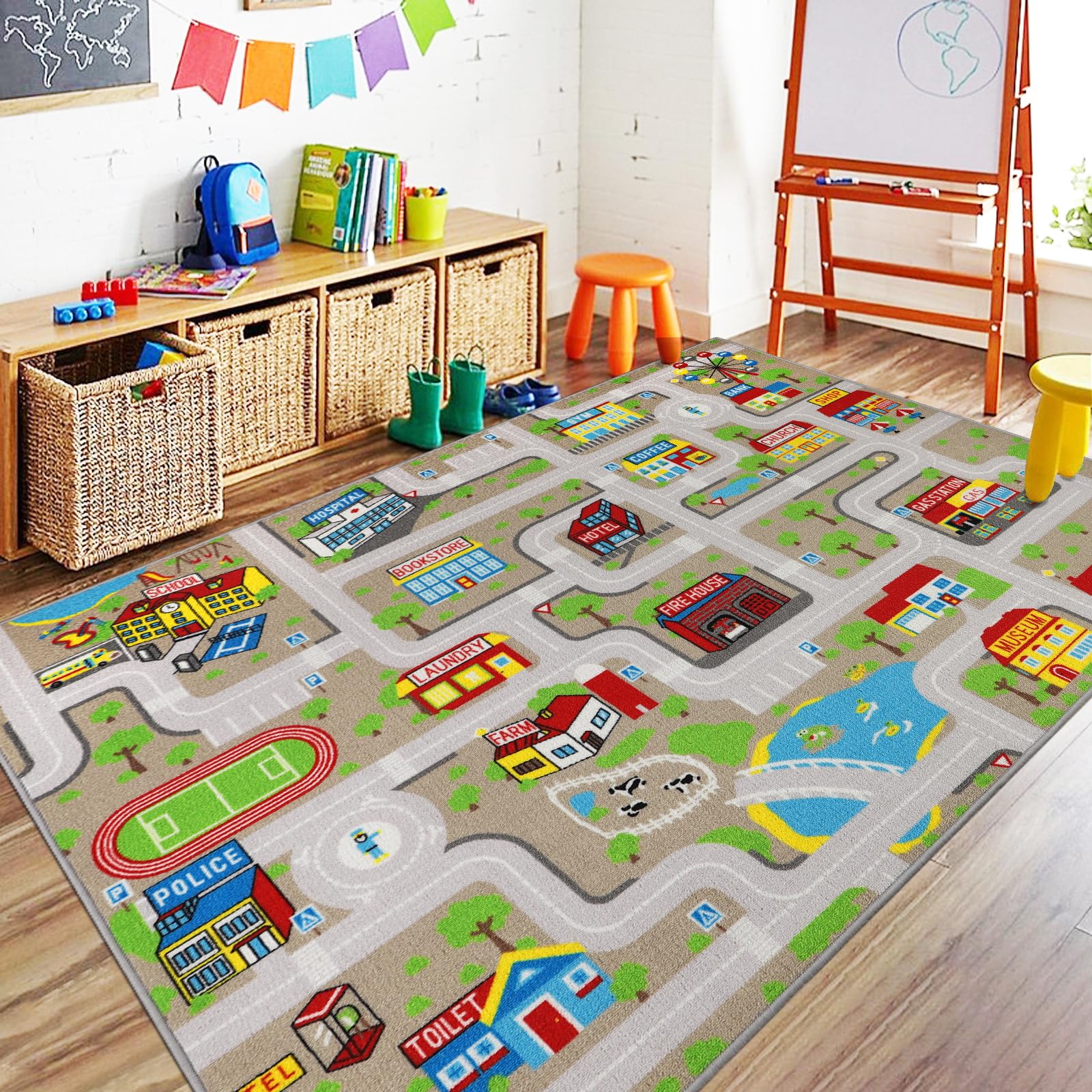 Capslpad Tan Car Road Kid Rug Carpet Playmat for Playoom Traffic Road Kids Play Mat for Toddler Non Slip Washable City Map Race